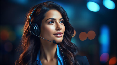 Attractive young Call centre assistant is talking with client with headsetの素材