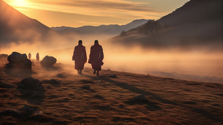 Tibetan monks are walking in high mountainsの素材