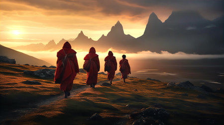 Tibetan monks are walking in high mountainsの素材