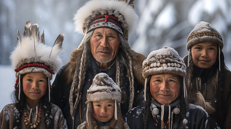 Native people of North, Evenks family portrait in fir charts and hatsの素材