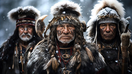 Native people of North, Evenks family portrait in fir charts and hatsの素材