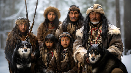 Native people of North, Evenks family portrait in fir charts and hatsの素材