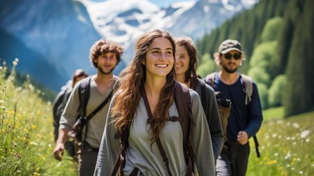 Group of young people, friends are hiking in mountainsの素材