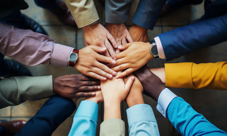 Office workers stack hands together as symbol to be a teamの素材