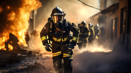 Fire brigade arrives on accident site. Fire fighters in actionの素材