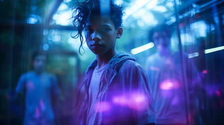 Portrait of attractive young punk girl, emo, e-girl with friends. Modern subculture, artistic creative peopleの素材