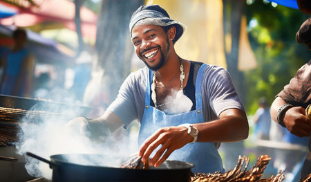Happy attractive African man cooking food on street market and smile to camera. Travel, food, holidays conceptの素材