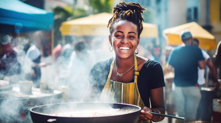 Happy attractive African woman is cooking food on street market and smile to camera. Travel, food, holidays conceptの素材