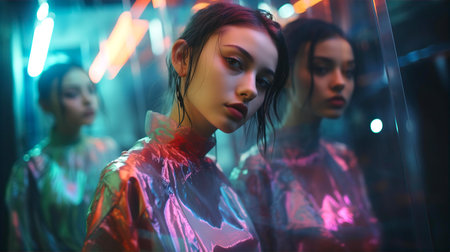 Portrait of attractive young punk girl, emo, e-girl with friends. Modern subculture, artistic creative peopleの素材