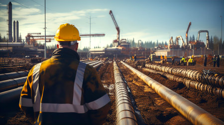 Surveyor is inspecting construction work of Gas transporting pipeline. Oil and gas transportation conceptの素材