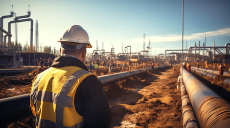 Surveyor is inspecting construction work of Gas transporting pipeline. Oil and gas transportation conceptの素材