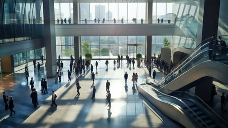 Business people walking motion blur in a big glass lobby with beautiful morning sun lights reflection. Office skyscraper entrance hallの素材