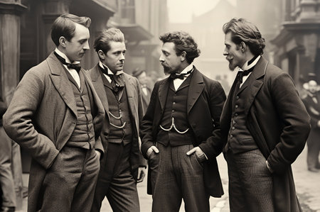 Group of rich English gentlemen are talking on street, 1860th, vintage photoの素材