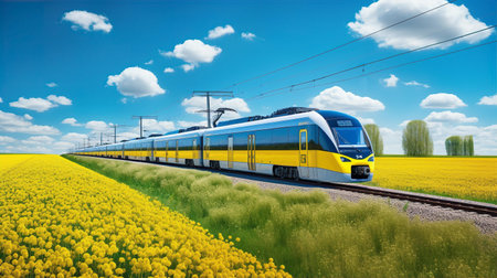 Train is running through spring fields with flowers.の素材