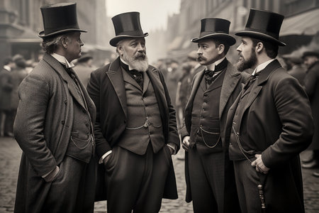 Group of rich English gentlemen are talking on street, 1860th, vintage photoの素材