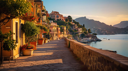 Amalfi coast look-like landscape, Italian town on the sea, terraced houses decorated with flowers. Mediterranean travel conceptの素材