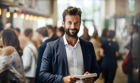 Attractive businessman in suit in office cafeteria at lunch timeの素材