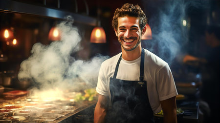 Young attractive Italian chef is cooking food at restaurant kitchenの素材