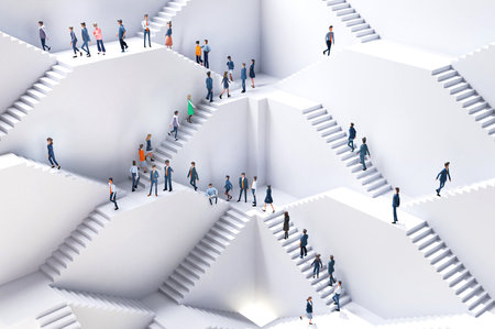 Lots of business and professional people queueing up on trails in an abstract environment with many stair, representing professional challenges, career, growth and Busi business liの写真素材