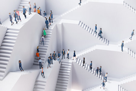 Lots of business and professional people queueing up on trails in an abstract environment with many stair, representing professional challenges, career, growth and Busi business liの写真素材
