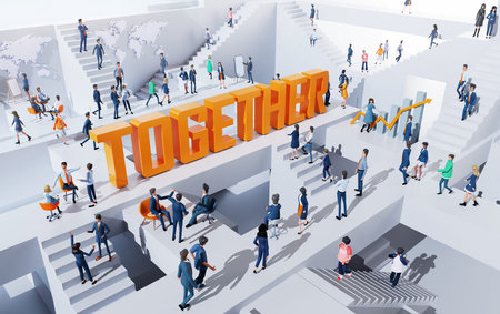 Business people working together in an abstract business environment around big TOGETHER sing, having a meeting, running up and down to stairs, 3D rendering illustrationの写真素材