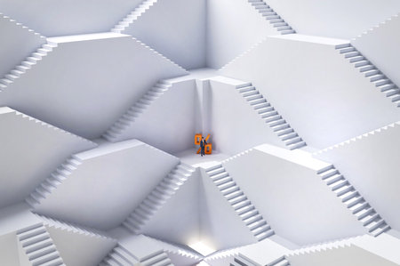 Little businessman with percentage sign stays along in a big abstract environment with lots of stairs. Growth, starter up, finance and economy concept 3D rendering  illustrationの写真素材