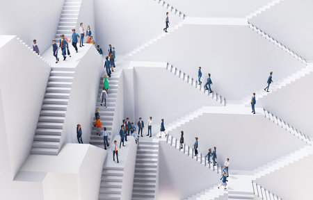 Lots of business and professional people queueing up on trails in an abstract environment with many stair, representing professional challenges, career, growth and Busi business liの写真素材