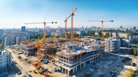Top view of building construction  site with cranes and industrial machinesの素材