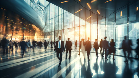 Motion blur of walking people silhouettes a big glass lobby with beautiful morning sun lights reflection. Office skyscraper entrance hallの素材