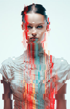 Portrait of young girl, punk modern culture with glitch effectの素材