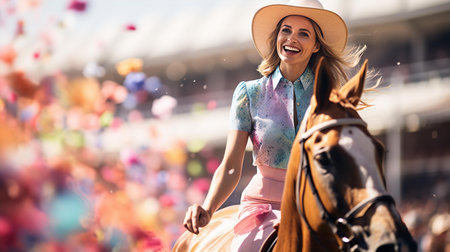 Beautiful happy woman riding horseの素材
