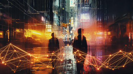 People silhouettes are walking at city multiple exposure background with neural neon chain at the front.の素材