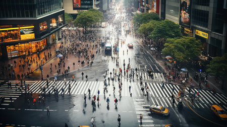 Beautiful raining city junction with abstract peoples silhouettes are walking on streetsの素材