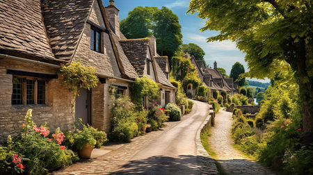 Beautiful idyllic old English village street with cottages made of stone and front garden with flowersの素材