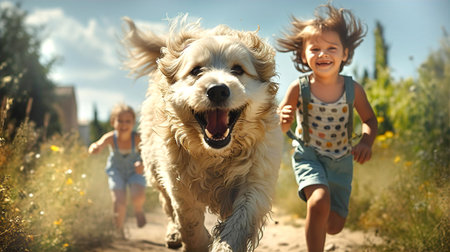 Happy kids and Labrador dog are running together towards cameraの素材