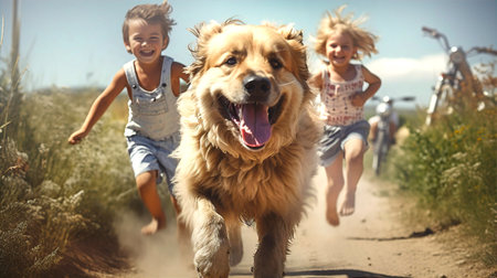 Happy kids and Labrador dog are running together towards cameraの素材