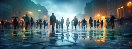 Beautiful raining city as London, evening lights reflectionand lots of people crossing roadsの素材