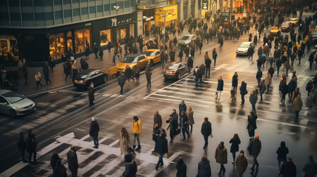 Beautiful raining city as London, evening lights reflectionand lots of people crossing roadsの素材
