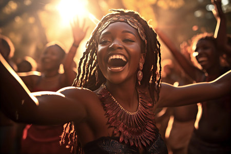 Happy young tribe people are dancingの素材