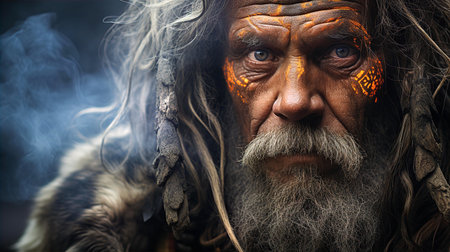 Portrait of old tribe man with wise eyes, head decoration and traditional face paintingの素材