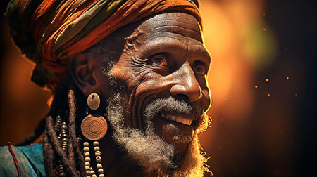 Portrait of old tribe man with wise eyes, head decoration and traditional face paintingの素材