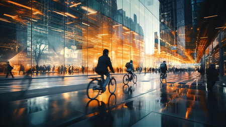 Motion blur of man riding bike in City with beautiful raining street and light reflectionの素材