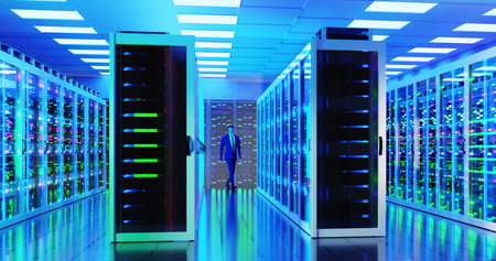 Modern server room, corridor in data centre with Supercomputer racks and businessman monitoring...