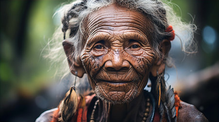 Old shaman woman portrait with kind eyes and friendly smileの素材