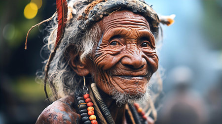 Old shaman woman portrait with kind eyes and friendly smileの素材