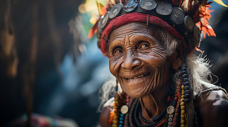 Old shaman woman portrait with kind eyes and friendly smileの素材