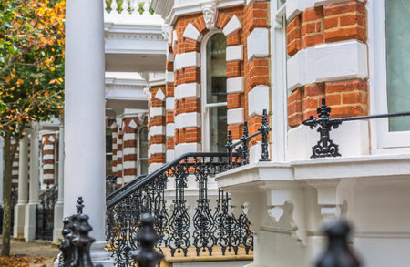 London, UK - 9 September, 2023: Beautiful periodic building of Kensington, one of the richest areas to live with fancy lifestyle. Street photographyのeditorial素材