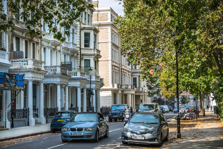 London, UK - 9 September, 2023: Beautiful street and periodic building of Notting Hill, one of the richest areas to live with fancy lifestyle. Street photographyのeditorial素材