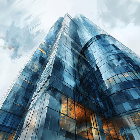 Beautiful watercolour painting of Modern business centre, bank raising to skyの素材