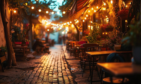 Beautiful background with street cafe empty tables at narrow street at night, bokeh, blurred lightsの素材